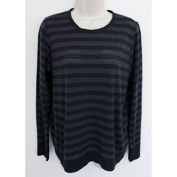 Lululemon Top Womens 12 ? Black Stripe Breeze By Long Sleeve Perforated Pullover - Picture 1 of 5